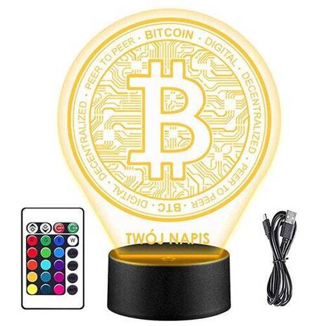 LAMPKA NOCNA BITCOIN KRYPTOWALUTY 3D LED + PILOT prezent URODZINY