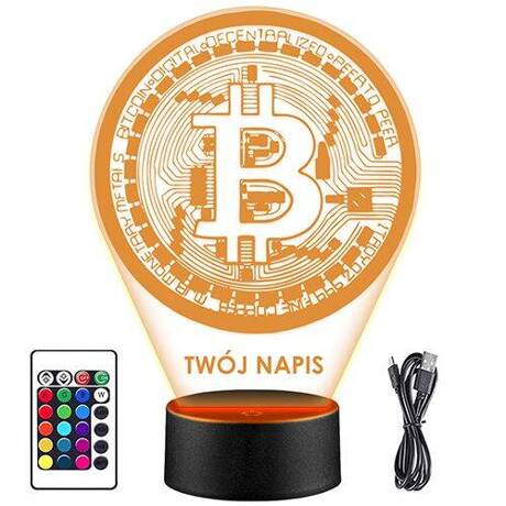 LAMPKA NOCNA LED BITCOIN KRYPTOWALUTY 3D + PILOT prezent URODZINY statuetka