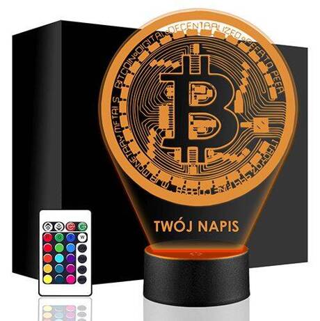 LAMPKA NOCNA LED BITCOIN KRYPTOWALUTY 3D + PILOT prezent URODZINY statuetka