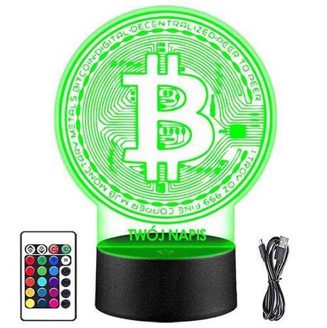 LAMPKA NOCNA LED BITCOIN KRYPTOWALUTY 3D + PILOT prezent URODZINY statuetka