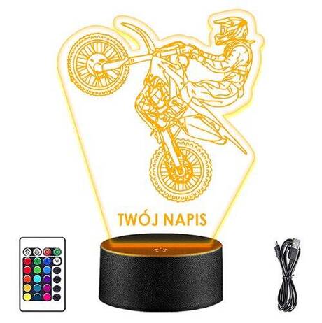 LAMPKA NOCNA LED CROSS MOTOCROSS 3D + PILOT prezent URODZINY statuetka