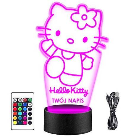 LAMPKA NOCNA LED HELLO KITTY KOTEK 3D + PILOT prezent URODZINY statuetka