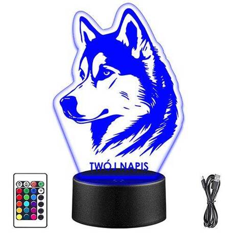 LAMPKA NOCNA LED HUSKY PIES PIESEK 3D + PILOT prezent URODZINY statuetka