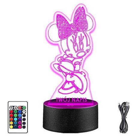 LAMPKA NOCNA LED MYSZKA MINNIE 3D + PILOT prezent URODZINY statuetka