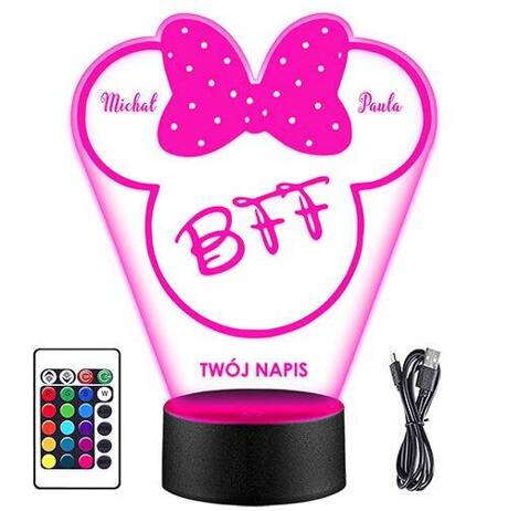 LAMPKA NOCNA LED MYSZKA MINNIE BFF 3D + PILOT prezent URODZINY statuetka