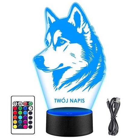 LAMPKA NOCNA LED PIES HUSKY PIESEK 3D + PILOT prezent URODZINY statuetka