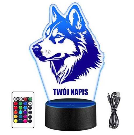 LAMPKA NOCNA LED PIES HUSKY PIESEK 3D + PILOT prezent URODZINY statuetka