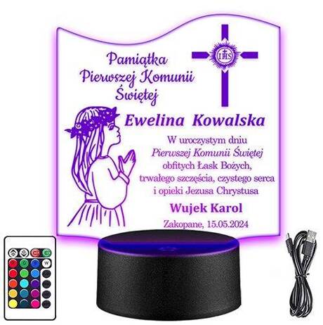 LAMPKA NOCNA LED PREZENT NA KOMUNIĘ ŚWIĘTĄ KOMUNIA PAMIĄTKA STATUETKA obraz