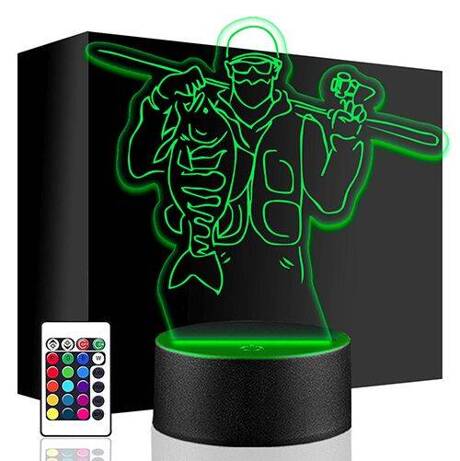 LAMPKA NOCNA LED RYBA WĘDKARZ WĘDKA 3D + PILOT prezent URODZINY statuetka