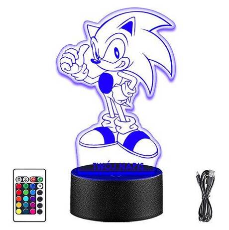 LAMPKA NOCNA LED SONIC 3D + PILOT prezent URODZINY statuetka