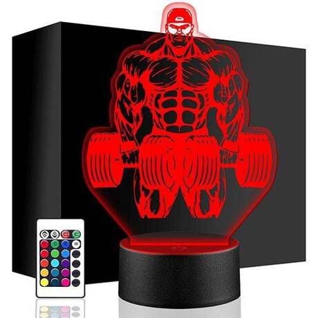 LAMPKA NOCNA LED STRONGMAN CIĘŻARY 3D + PILOT prezent URODZINY statuetka