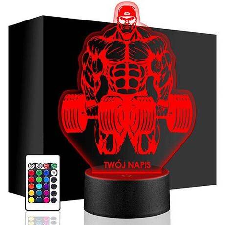 LAMPKA NOCNA LED STRONGMAN CIĘŻARY 3D + PILOT prezent URODZINY statuetka