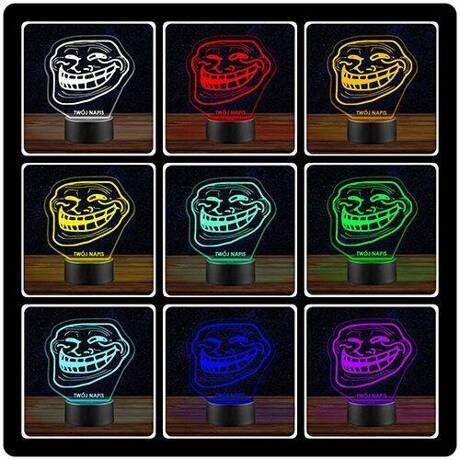 LAMPKA NOCNA LED TROLL FACE 3D + PILOT prezent URODZINY statuetka