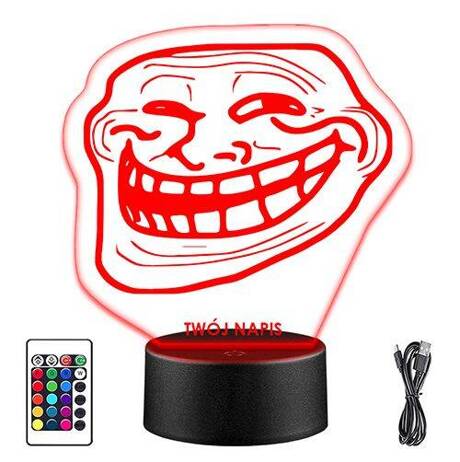 LAMPKA NOCNA LED TROLL FACE 3D + PILOT prezent URODZINY statuetka