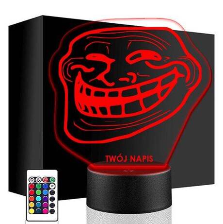 LAMPKA NOCNA LED TROLL FACE 3D + PILOT prezent URODZINY statuetka