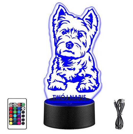 LAMPKA NOCNA LED WESTIE PIES PIESEK 3D + PILOT prezent URODZINY statuetka