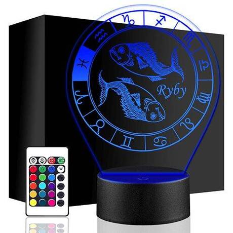 LAMPKA NOCNA LED ZNAK ZODIAKU RYBY 3D + PILOT prezent URODZINY statuetka